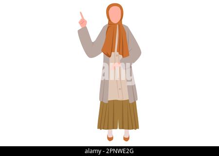Business design drawing happy Arab businesswoman pointing index finger up gesture. Female manager raising or lifting hand to upward. Emotion and body Stock Photo