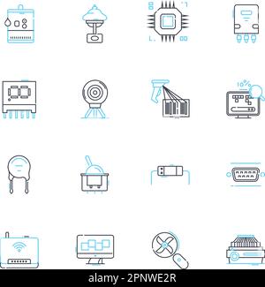 Hi-tech gadgets linear icons set. Robotics, Nanotechnology, Smartwatch, Virtual reality, Augmented reality, Drs, Biometrics line vector and concept Stock Vector