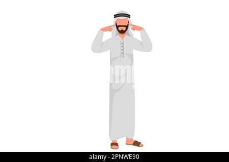 Business design drawing stressed young Arab businessman covering ears with hands. Man plugs ears with his fingers. Fear of loud sounds and unpleasant Stock Photo