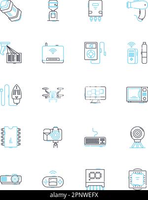 Smartphs linear icons set. Mobile, Device, Touchscreen, Wireless, Apps, Camera, Fast line vector and concept signs. User-friendly,High-tech,Advanced Stock Vector