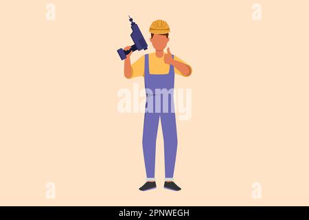 Business flat drawing repairman worker holding electric drill tool for work repair. Builder fixing home cupboard interior. Handyman in overalls. Man w Stock Photo