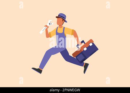 Business flat cartoon style drawing mechanic repairman worker with tools is running. Technical service. Plumber with monkey wrench and toolbox run for