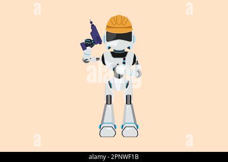 Business design drawing robot repairman worker holding electric drill tool for work repair. Builder fixing home cupboard interior. Future technology d Stock Photo