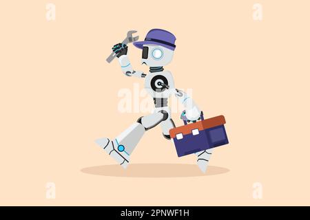 Business flat drawing robot mechanic repairman with tools is running. Technical service. Plumber with wrench toolbox run forward. Humanoid robot cyber