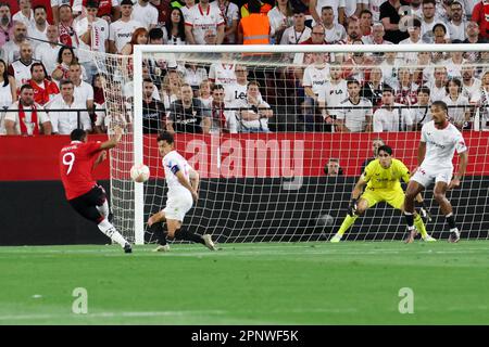 Ramon Sanchez Pizjuan stadium, Sevilla, Spain, April 20, 2023, Anthony Martial (#9 - Manchester United) shot  during  Sevilla FC vs Manchester United Stock Photo