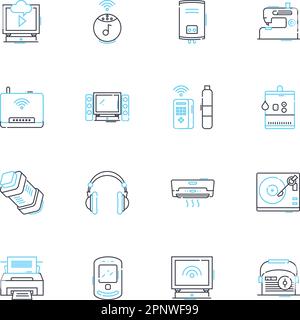 Computer hardware linear icons set. Processor, Motherboard, RAM, Graphics, Hard Drive, SSD, Power Supply line vector and concept signs. Cooling,USB Stock Vector