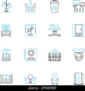 Coffee table linear icons set. wood, glass, metal, modern, rustic, vintage, industrial line vector and concept signs. farmhouse,rectangular,round Stock Vector