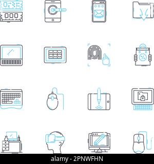 Gadget linear icons set. Smartph, Laptop, Tablet, Camera, Headphs, Earbuds, Smartwatch line vector and concept signs. Fitness-tracker,VR-headset Stock Vector