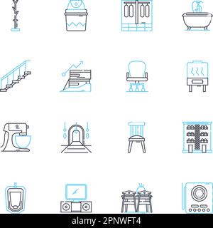 Window treatments linear icons set. Blinds, Curtains, Drapes, Shades, Panels, Valances, Cornices line vector and concept signs. Shutters,Roman,Sheers Stock Vector