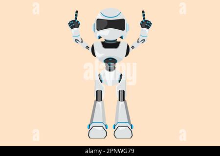 Business flat drawing happy robot standing with both hands pointing index fingers up. Celebrate win. Humanoid robot cybernetic organism. Future roboti Stock Photo
