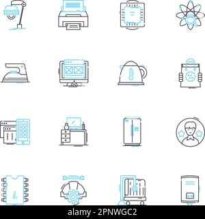 Gadget inventory linear icons set. Smartwatch, Smartph, Laptop, Tablet, Keyboard, Mouse, Charger line vector and concept signs. Headphs,Earbuds Stock Vector