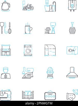 Municipal lodgings linear icons set. Accommodation, Hospitality, Guesthouse, Public, Bunkhouse, Shelter, Housing line vector and concept signs. Hostel Stock Vector