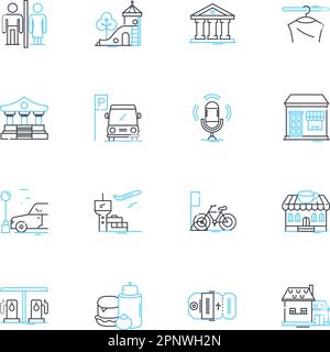Digitized urbanization linear icons set. Smart city, Wi-Fi, Sustainability, Automation, Internet, Big data, Technology line vector and concept signs Stock Vector