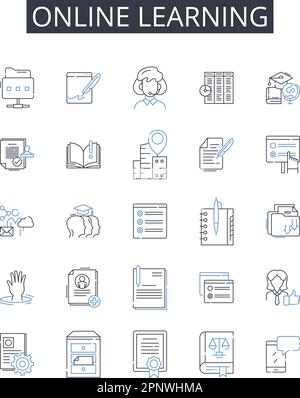 online learning line icons collection. E-learning, Web-based, Interactive education, Distance education, Virtual classrooms, Digital instruction Stock Vector