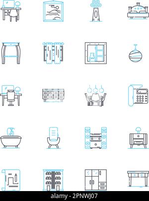 Ottomans linear icons set. Upholstered, Footrest, Pouf, Storage, Square, Velvet, Leather line vector and concept signs. Round,Coffee table,Beanbag Stock Vector