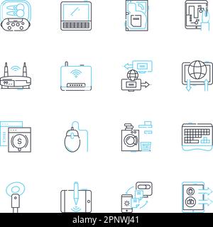 Technological apparatus linear icons set. Smartph, Tablet, Laptop, Desktop, Router, Server, Printer line vector and concept signs. Scanner,Mouse Stock Vector