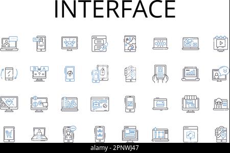 Interface line icons collection. Connection point, Interaction area, Meeting place, Touchpoint system, Linking platform, Communication junction Stock Vector