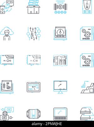 Information systems linear icons set. Database, Analytics, Automation, Integration, Security, Nerking, Optimization line vector and concept signs Stock Vector