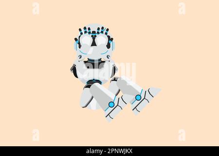 Business flat cartoon style drawing depressed robot feeling sad with holding head and sit on the floor. Frustrated cyborg. Modern robotic artificial i Stock Photo