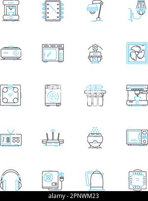 Electronic devices linear icons set. Smartph, Tablet, Laptop, Television, Speaker, Headphs, Camera line vector and concept signs. Dr,Smartwatch,Router Stock Vector