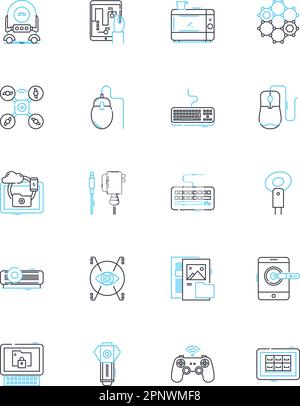 Information devices linear icons set. Tablet, Smartph, Laptop, Desktop, Smartwatch, E-reader, Wearables line vector and concept signs. Phablet,Router Stock Vector
