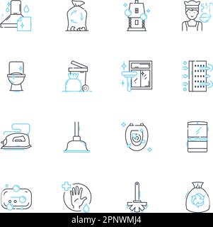 Cleaning service linear icons set. Scoop and sweeping brush, vacuum  cleaner, scrub brush, cleaning product. Thin line contour symbols. Isolated  vector Stock Vector Image & Art - Alamy