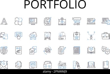 Portfolio line icons collection. Collection, Compilation, Anthology, Assortment, Array, Grouping, Stockpile vector and linear illustration. Depiction Stock Vector