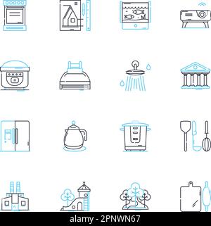 Urban dwelling linear icons set. Highrise, Skyscraper, Metropolis, Loft, Condo, Apartment, Gentrification line vector and concept signs. Commuter Stock Vector