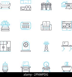 Ottomans linear icons set. Upholstered, Footrest, Pouf, Storage, Square, Velvet, Leather line vector and concept signs. Round,Coffee table,Beanbag Stock Vector