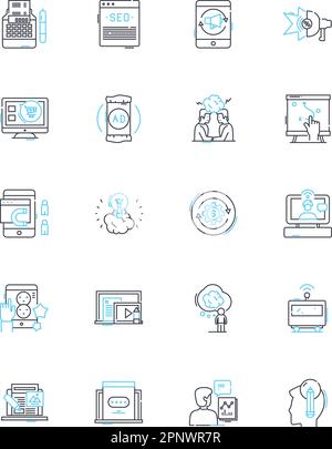 Stock market linear icons set. Equity, Portfolio, Shares, Trading, Returns, Investment, Securities line vector and concept signs. Brokerage,Index Stock Vector