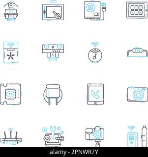 Digital devices linear icons set. Smartph, Tablet, Laptop, Desktop, Camera, Printer, Scanner line vector and concept signs. Gaming,Headphs,Speaker Stock Vector