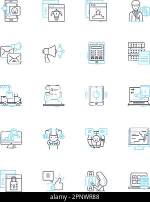 Online branding linear icons set. Identity, Perception, Authority, Credibility, Reputation, Visibility, Trust line vector and concept signs. Loyalty Stock Vector