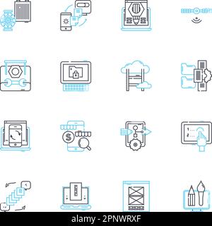 Machine intelligence linear icons set. Robotics, Automation, Artificial intelligence, Machine learning, Computer vision, Neural nerks, Expert systems Stock Vector
