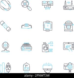 Digital devices linear icons set. Smartph, Tablet, Laptop, Desktop, Camera, Printer, Scanner line vector and concept signs. Headphs,Microph,Mouse Stock Vector