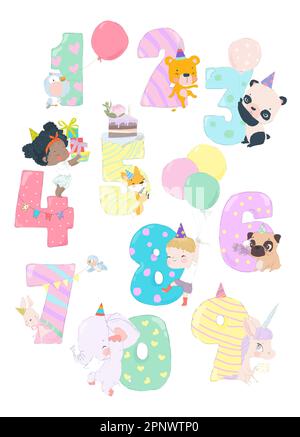 Birthday Numbers Animals and Kids. Party Fun Invitation for Kids Celebration Characters Stock Vector