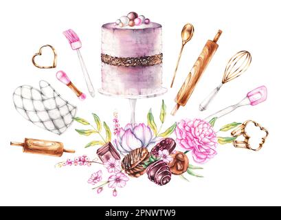 Watercolor mixer with bloom on white background. Composition with  watercolor floral elements. For bakery or Women design. Beauty stile. Hand  drawn illustration. Stock Illustration