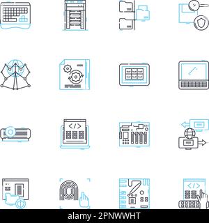 Electronic equipment linear icons set. Gadgets, Devices, Technology, Automation, Compnts, Cybersecurity, Robotics line vector and concept signs Stock Vector
