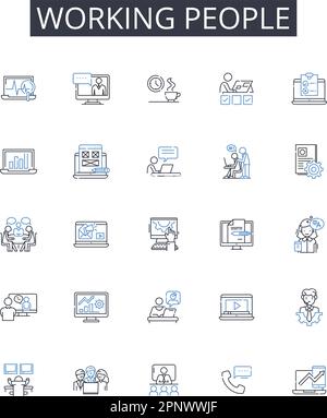 Working people line icons collection. Active folks, Busybodies, Laborers, Workforce, Employee base, Hard workers, Diligent employees vector and linear Stock Vector