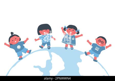 Kids dance on the globe. Group of children have fun. Happy baby girls and baby boys. Vector illustration Stock Vector