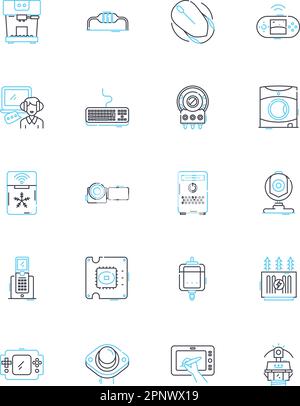 Hi-tech gadgets linear icons set. Robotics, Nanotechnology, Smartwatch, Virtual reality, Augmented reality, Drs, Biometrics line vector and concept Stock Vector