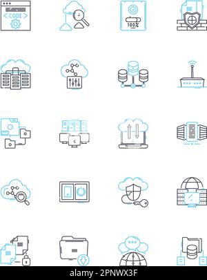 Data technology linear icons set. Analytics, Warehousing, Integration, Visualization, Mining, Cleansing, Architecture line vector and concept signs Stock Vector