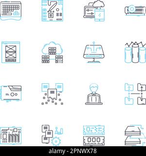 Cyber technology linear icons set. Encryption, Malware, Hacking, Firewall, Cyberattack, Cybersecurity, Cybercrime line vector and concept signs. Data Stock Vector