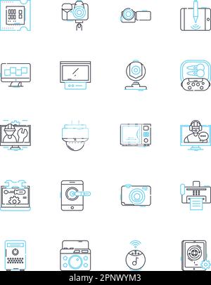 Computer systems linear icons set. Hardware, Software, Operating system, Program, Application, Database, Nerk line vector and concept signs. Internet Stock Vector
