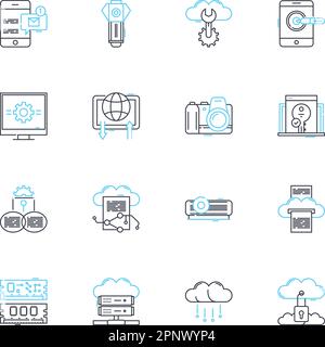 Computer software linear icons set. Programming, Coding, Debugging, Encryption, Gaming, Visualization, Analytics line vector and concept signs Stock Vector