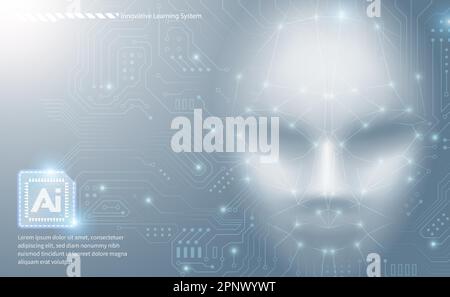 AI technology concept artificial human face with abstract circuit board background in futuristic style Stock Vector