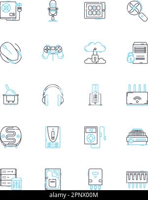 Electronic contraptions linear icons set. Gadgets, Devices, Electronics, Tech, Innovations, Appliances, Machines line vector and concept signs. Robots Stock Vector