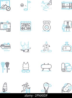 Social launch linear icons set. Buzz, Launchpad, Viral, Nerking, Influence, Engagement, Momentum line vector and concept signs. Exposure,Amplify Stock Vector