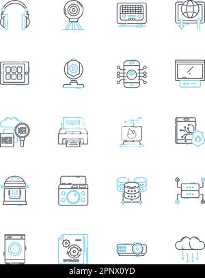 Cloud workstations linear icons set. Virtualization, Cloud computing, Workspace, Collaboration, Efficiency, Mobility, Accessibility line vector and Stock Vector