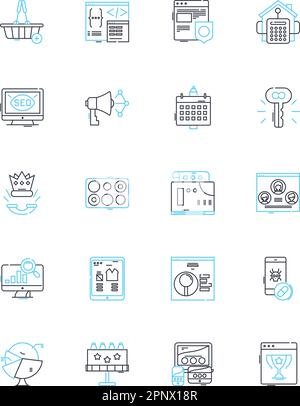 Search engine linear icons set. Google, Bing, Yahoo, DuckDuckGo, Search, SEO, Algorithm line vector and concept signs. Ranking,Indexing,Crawling Stock Vector