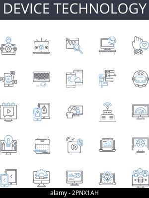 Device technology line icons collection. Communication nerk, Information technology, Surveillance system, Electronic gadget, Computing technology Stock Vector